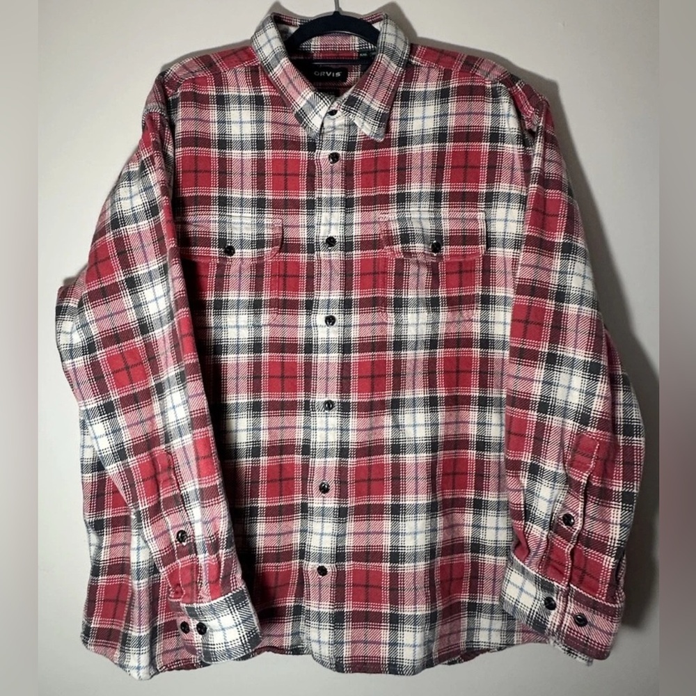 *SOLD* ORVIS Mens XXL Heavy Weight Flannel 100% Cotton Active Fit Red Button